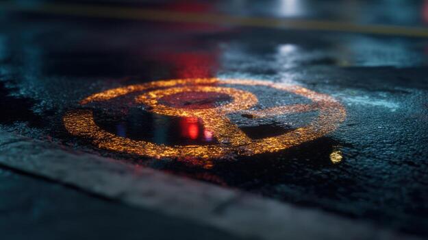 A wet street with a yellow circle on it photo
