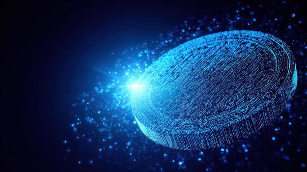 A blue coin with a glowing light photo