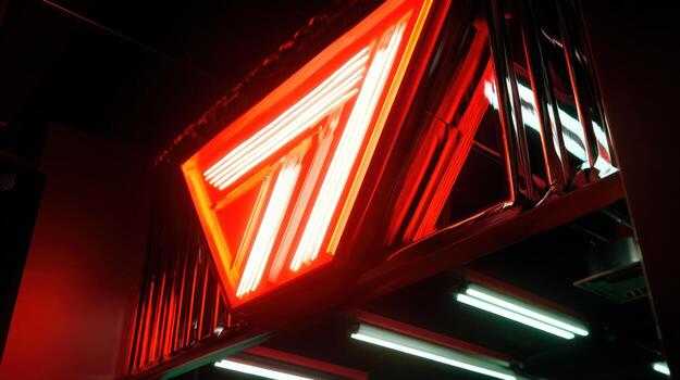A neon sign with a red triangle on it photo