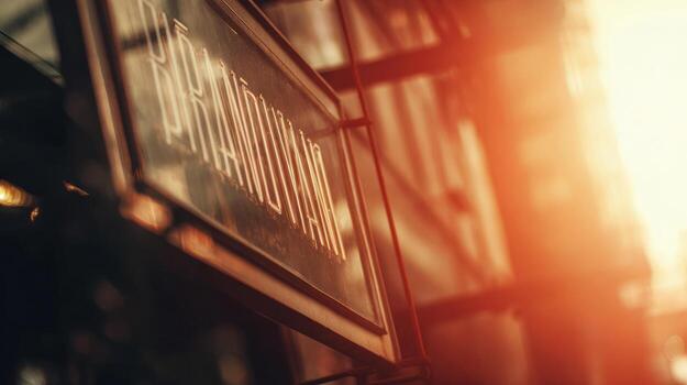 A sign on a building with the sun shining behind it photo