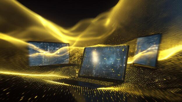 Three laptops on a black background with a yellow glow photo