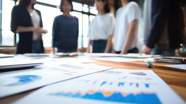 Business people standing around a table with graphs and papers photo