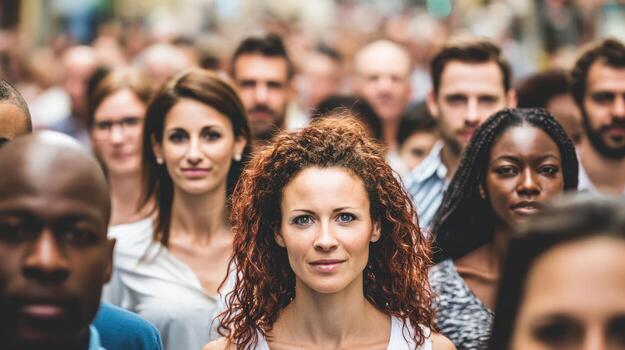 Diverse group of people together looking forward represents community photo