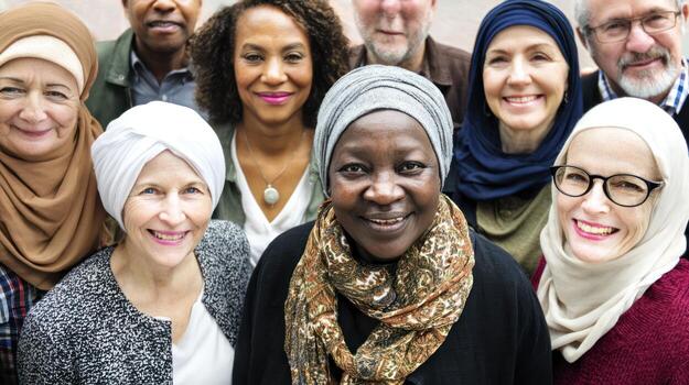 Diverse group of smiling individuals looking at camera together photo
