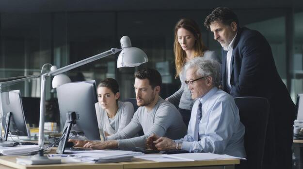 Group of professionals analyze data on computer screen in office photo