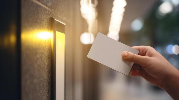 Person using a card reader for security access control in modern building photo