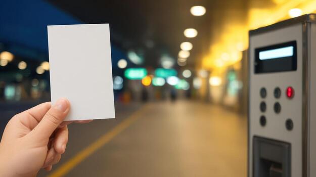 Person holding blank card near payment machine in illuminated setting photo