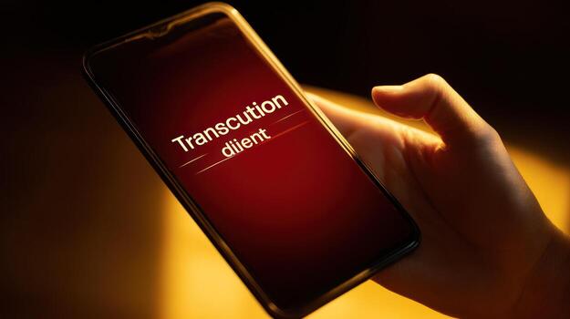 Smartphone displaying transaction client app in hand dark background photo