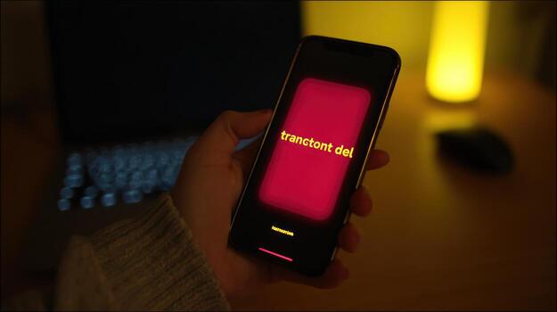 Smartphone held displaying text in dim interior lighting photo