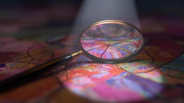 Magnifying glass examining a map illuminated by a spotlight for exploration photo