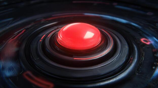 Dramatic close up of a red button on a futuristic black control panel photo