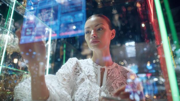 Woman interacting with holographic interface modern technology concept photo
