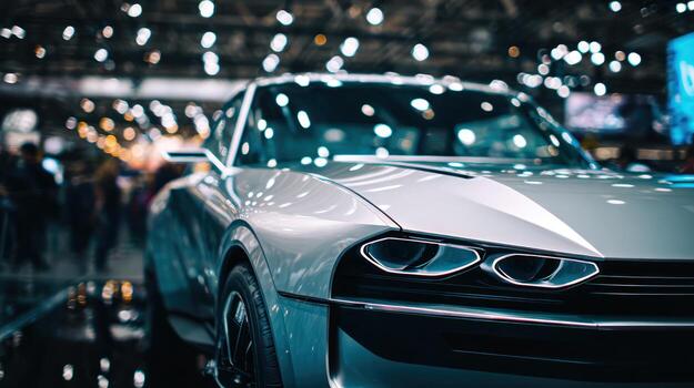 Modern silver car displayed indoors with bright lighting and bokeh photo