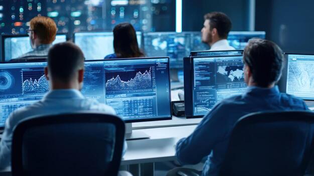 People working on computers monitoring data in a technology environment photo