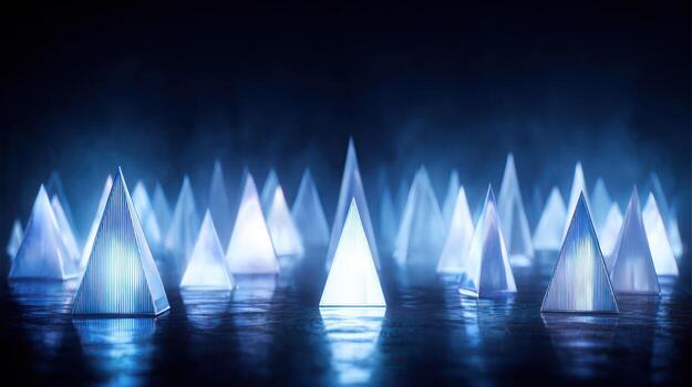 Abstract pyramid formation illuminated in blue light against dark backdrop photo