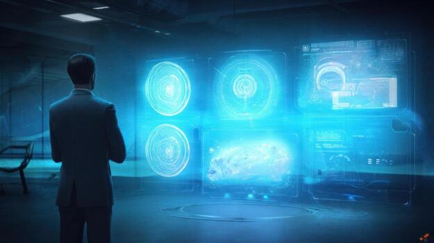 Man observing futuristic holographic interface in modern interior setting photo