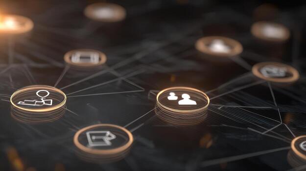 Abstract network of interconnected glowing icons on dark background photo