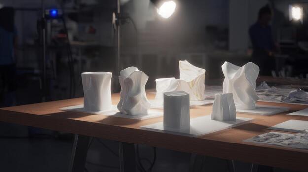 Abstract white sculptures displayed on a table under studio lighting photo