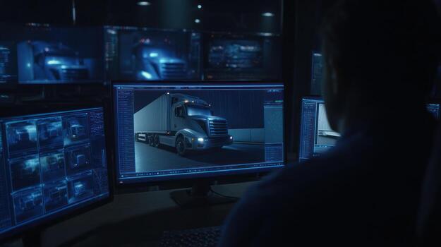 Truck on monitor displayed in control room surveillance and technology photo