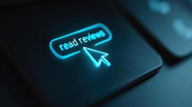Glowing button with text reading read reviews and cursor on keyboard photo