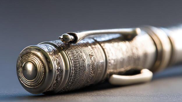 Close up of a silver pen with detailed engravings and elegant design photo