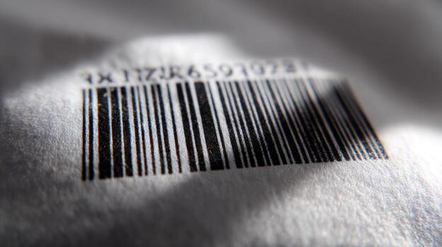 Close up of a barcode printed on white paper with shadow and light photo