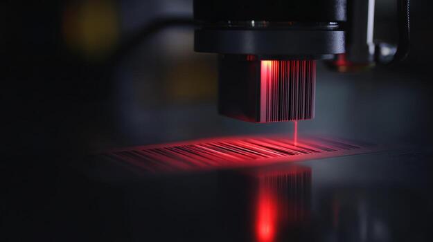 Industrial laser engraving machine in operation on a dark surface photo