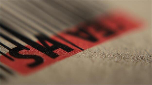 Close up barcode with red and black text on textured surface photo