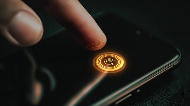 Finger touching glowing screen with circular graphic representing communication photo