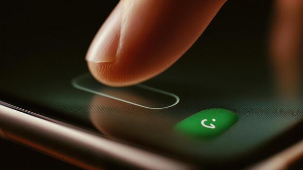 Finger touching smartphone screen call button close up modern technology photo