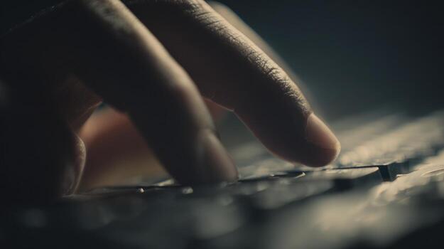 Close up of a hand typing on a keyboard in a dim environment photo