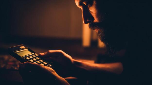 Person using calculator indoors low light for finance calculations photo