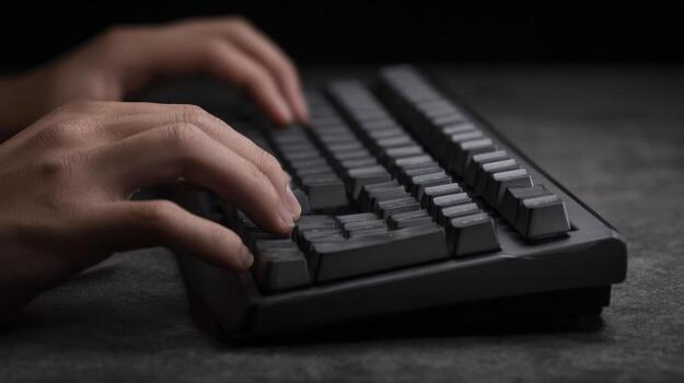 Hands typing on a black computer keyboard over a dark background photo