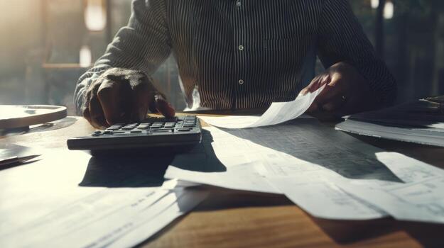 Person calculating finances using calculator with documents and reports photo