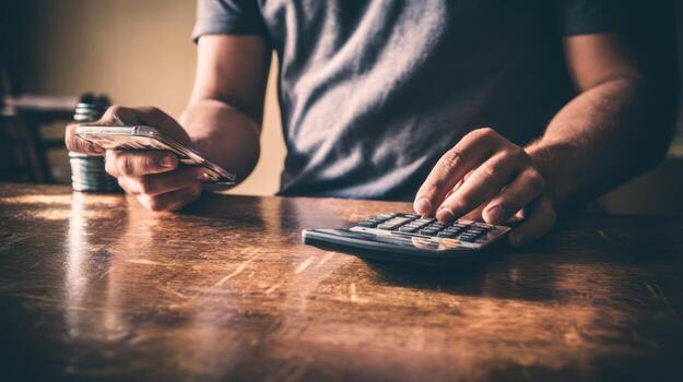 persona utilizando calculadora y móvil teléfono en de madera mesa adentro foto