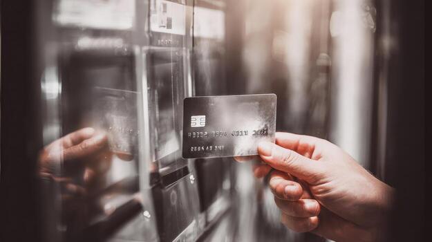 Person holding payment card near an automated payment machine photo