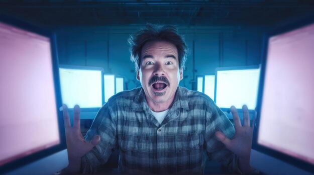 Man surprised with open hands looking at camera indoor lighting photo