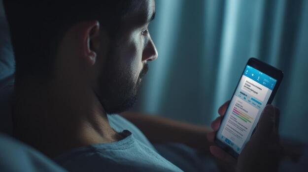 Man using smartphone in low light communication technology concept photo