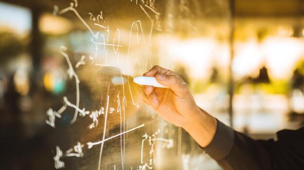 Person writing mathematical formulas on a glass board with chalk photo