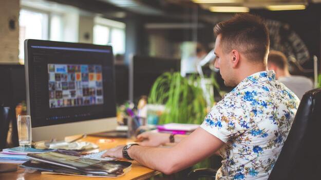 Man working on computer at office desk focused on screen modern workplace photo