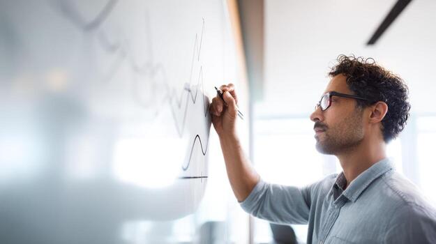 Man writing on whiteboard analyzing data and information in office photo