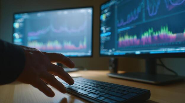 Close up of hand on keyboard with data analysis on computer screens photo