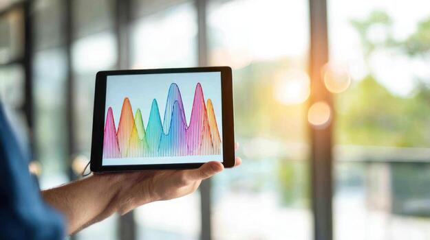 Person holding tablet displaying colorful graph data outdoors with sunlight photo
