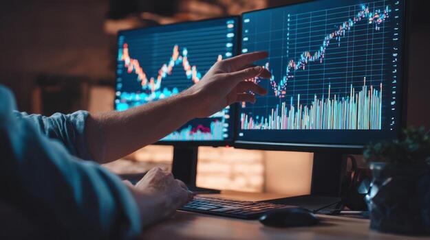 Analyst points to financial data charts on computer monitors in a dark office photo