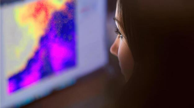 Woman analyzing data on a computer screen displaying colorful information photo