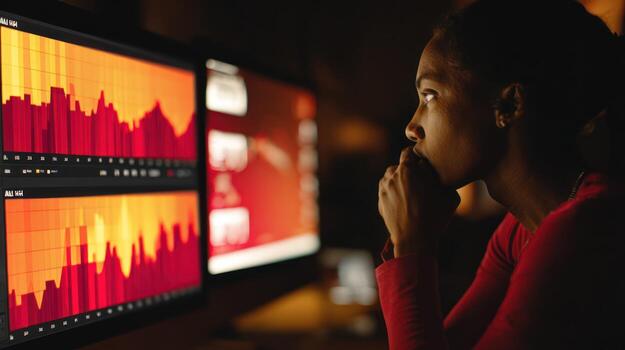 Woman analyzing data on computer screens in a dimly lit environment photo