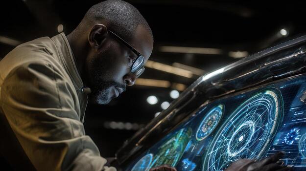 Man working on technology interface with advanced user design elements photo