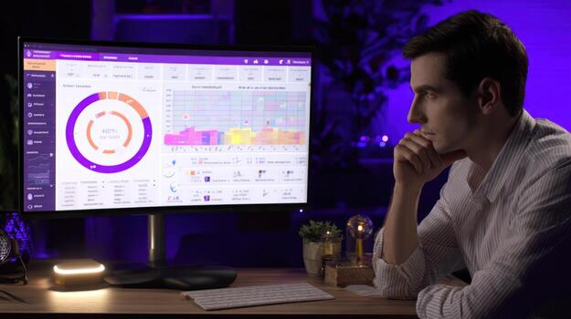Man analyzes data on computer screen in modern office environment photo