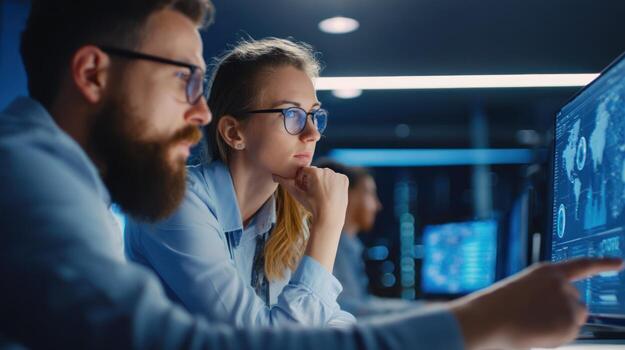 Two professionals analyze data on a computer screen in a modern office photo