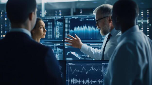 Data analysis team discussing statistics on computer monitors in office photo